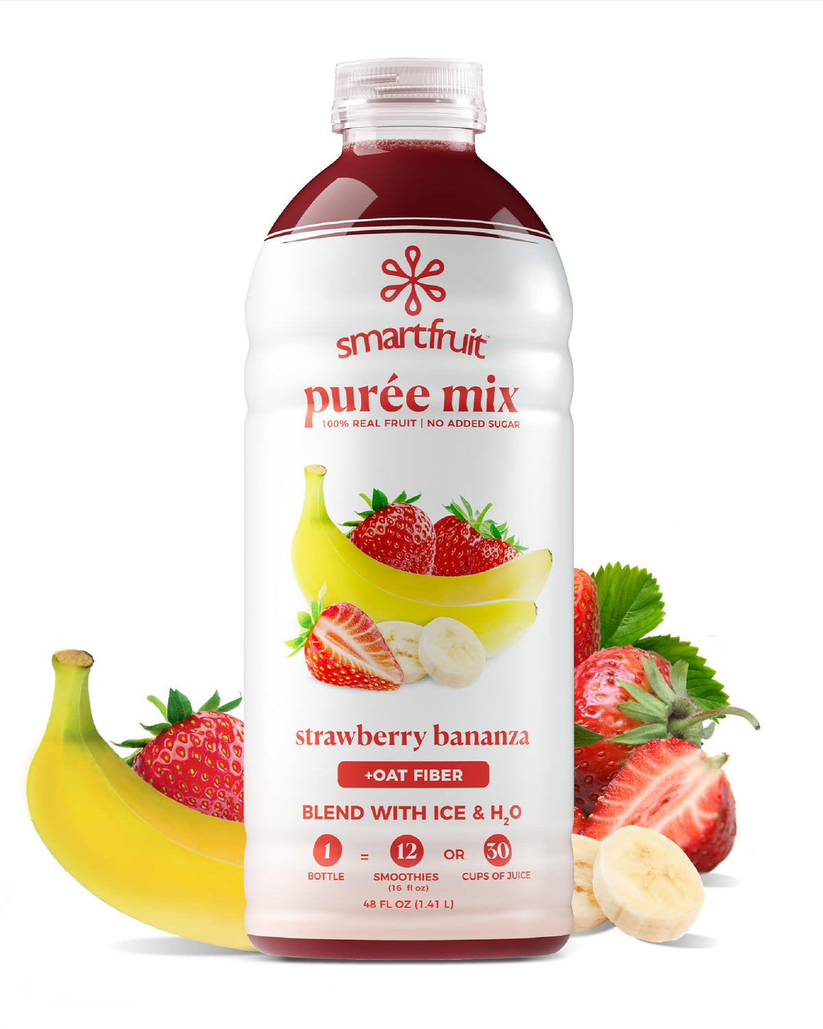 Smartfruit Strawberry Bananza bottle showcases real fruit purée ideal for smoothies