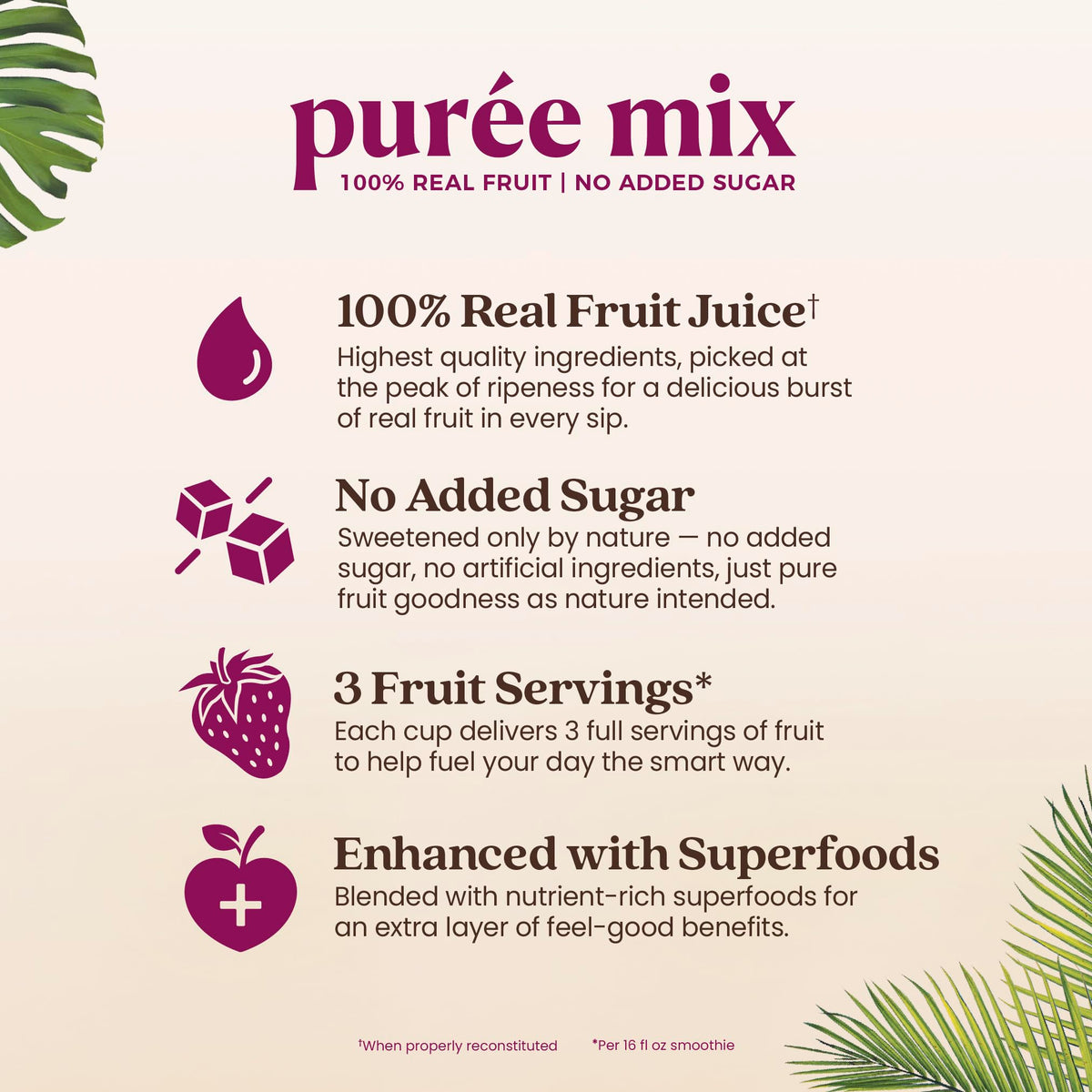 Pouring Smartfruit Puree into a smoothie glass for a bright fruit blend.
