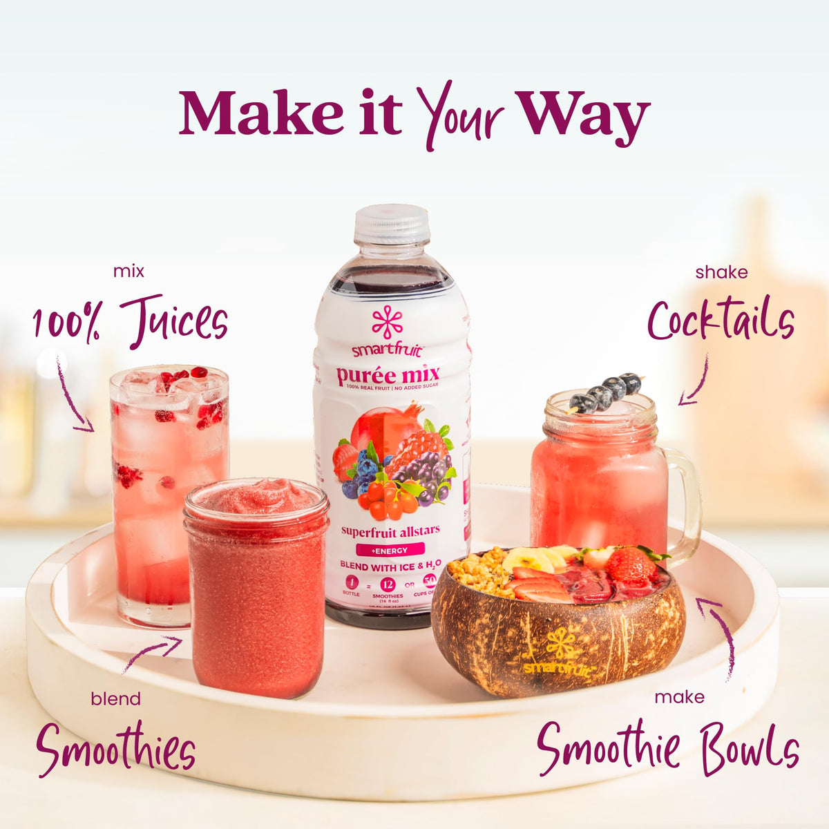 Smartfruit Superfruit All-Stars + Energy smoothie glass with purée