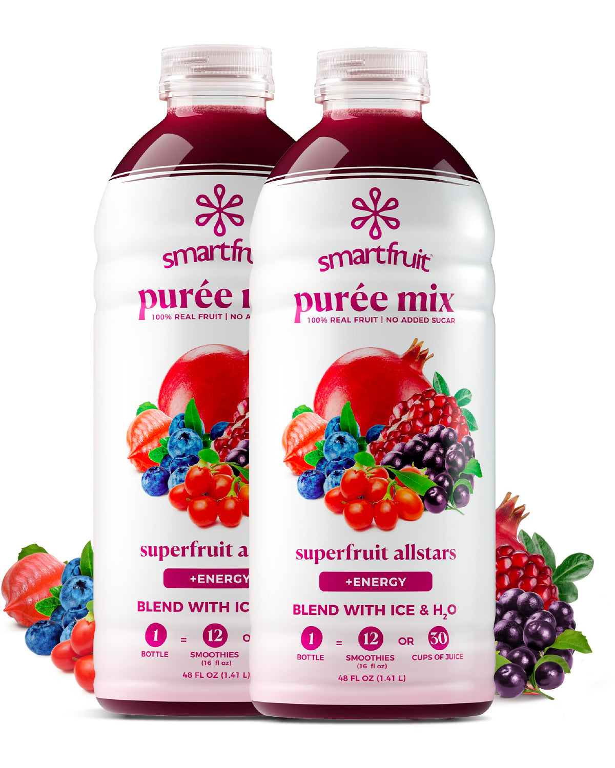 Smartfruit Superfruit All-Stars + Energy bottle-pour shows real fruit puree ideal for smoothies