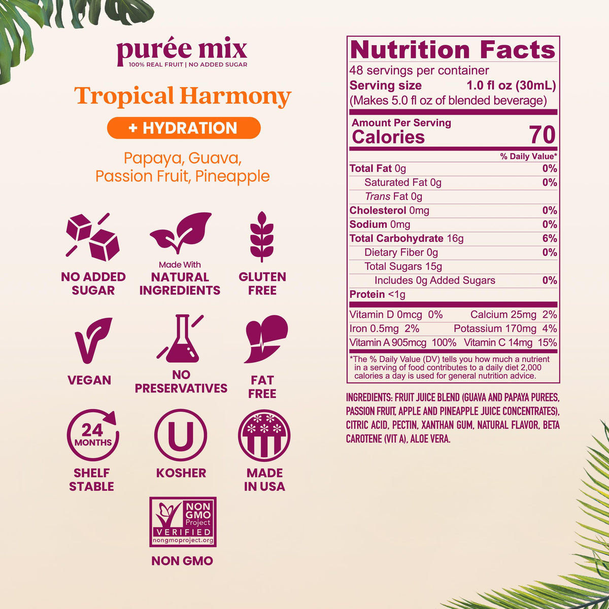 Smartfruit Tropical Harmony + Aloe bottle label highlighting clean, certified ingredients.