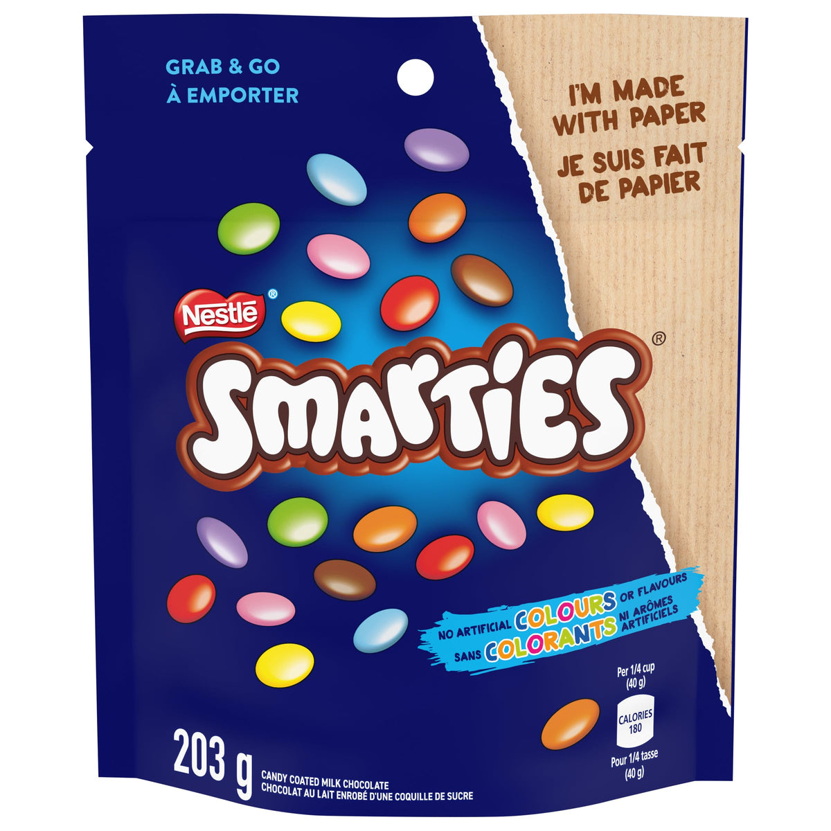 Smarties 203g canister packaging with colorful candy-coated milk chocolate, perfect for sharing
