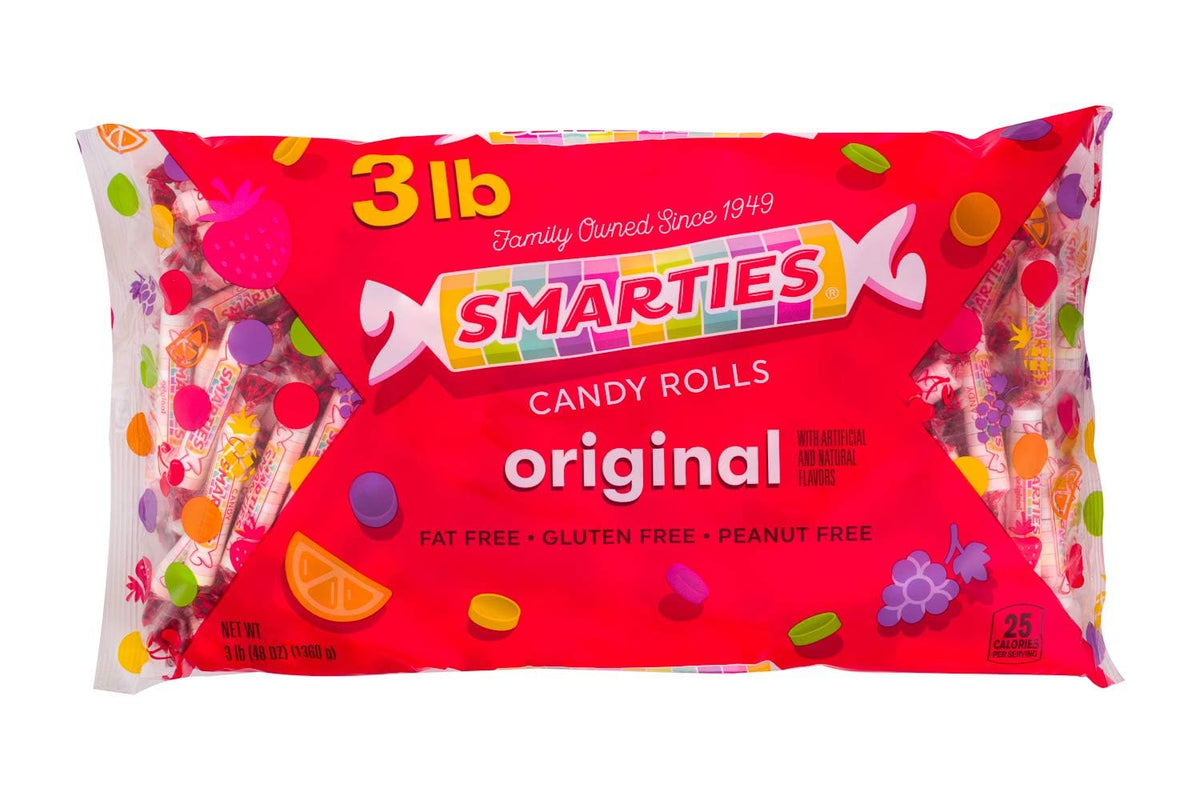 Smarties bulk rolls original packaging display for events.
