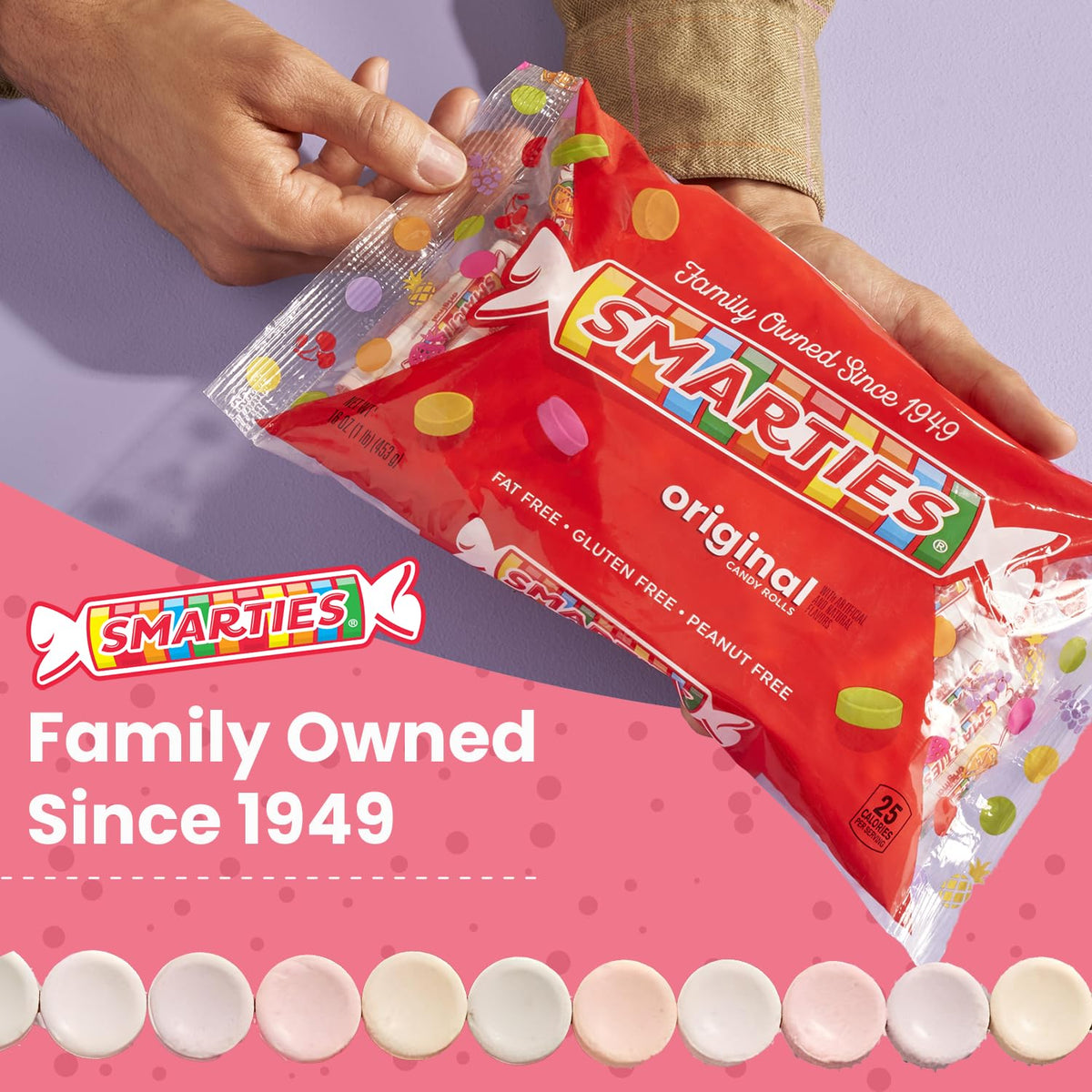 Smarties bulk rolls original packaging display highlighting gluten-free and vegan ingredients
