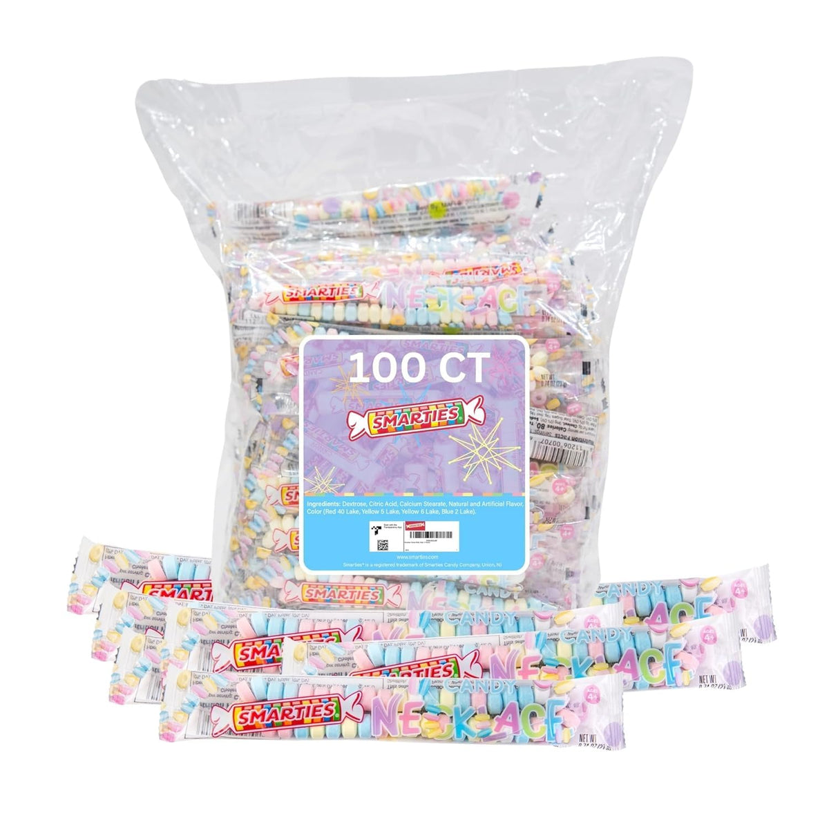 Smarties candy necklace bulk bag packaging ready for gifting and sharing.