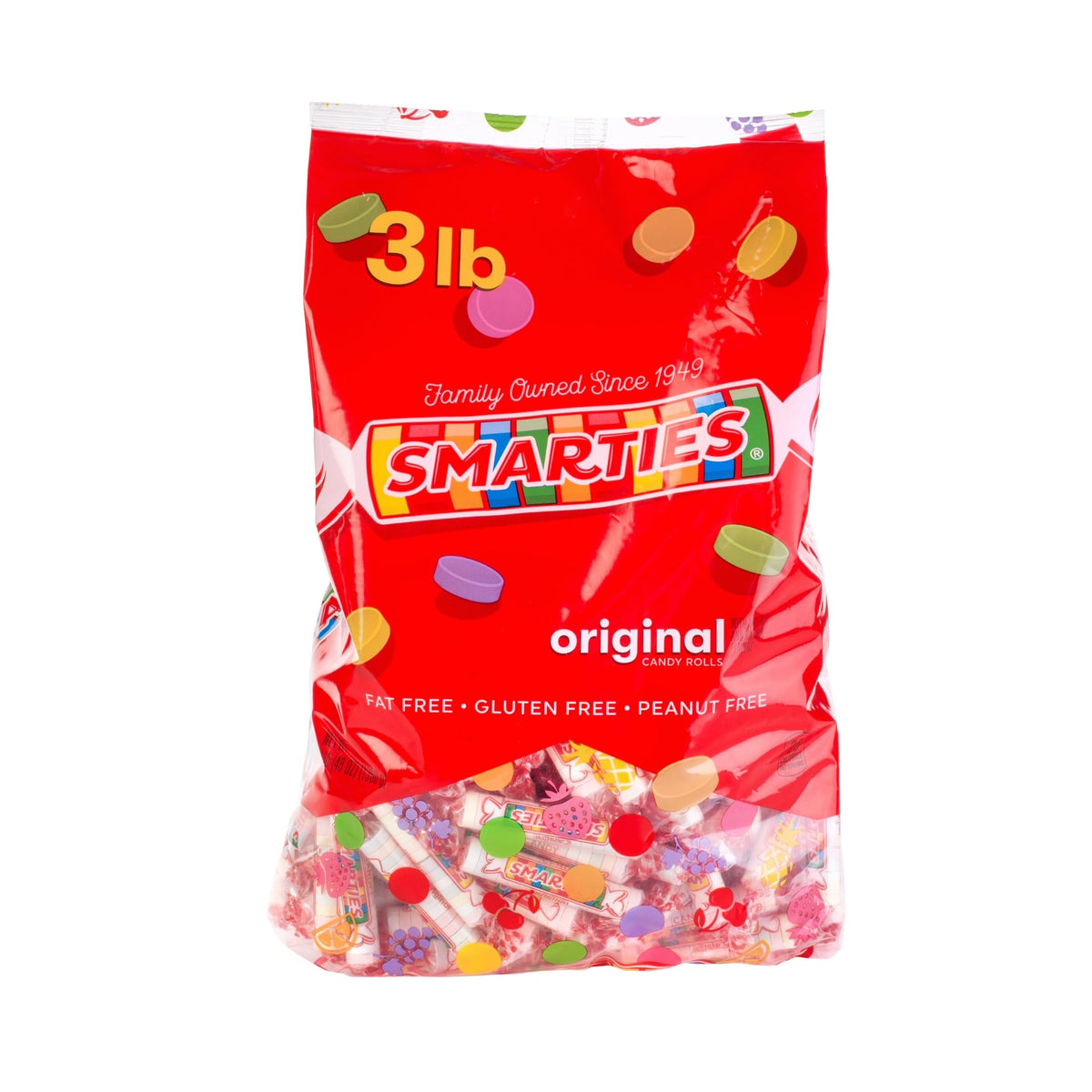 Smarties candy rolls bulk bag open, showcasing original flavor and shareable packaging.