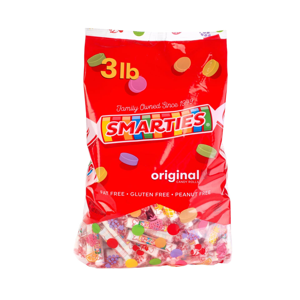 Smarties candy rolls bulk bag open, showcasing original flavor and shareable packaging.