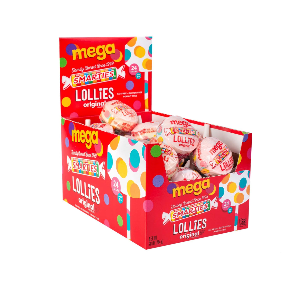 Smarties Double Lollies Mega display featuring two fruity flavors for celebrations.