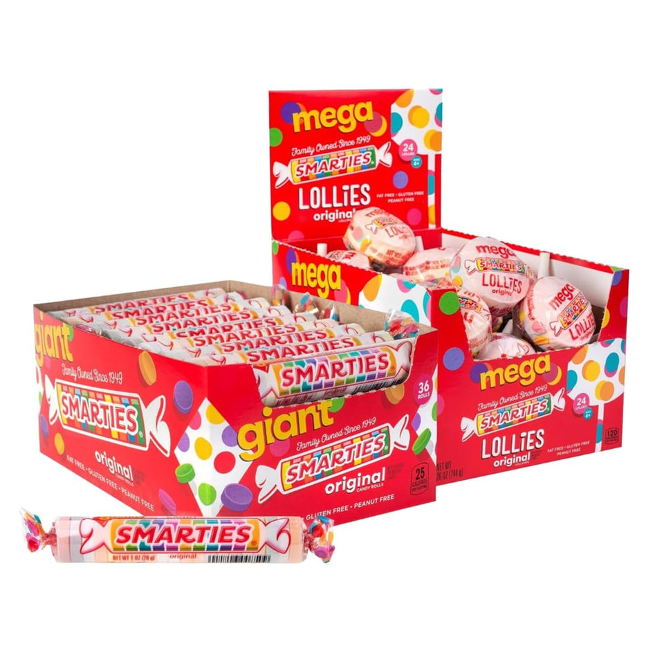 Smarties Giant Rolls box 34 oz, perfect for sharing at parties.