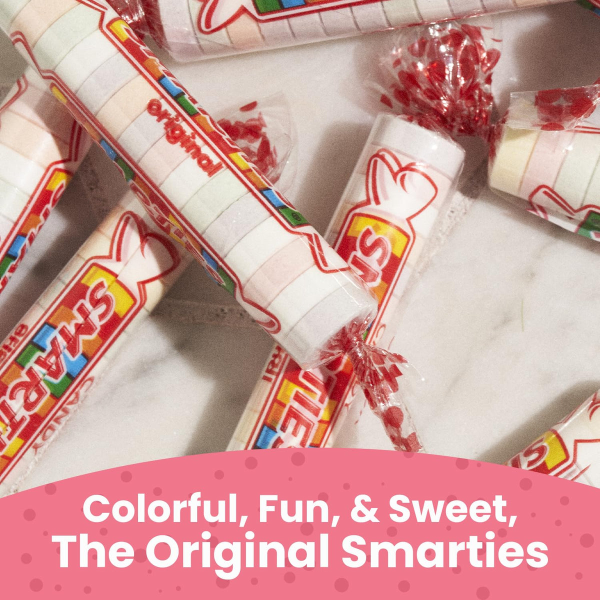 Smarties individually wrapped candies arranged for gifting and party snacking.