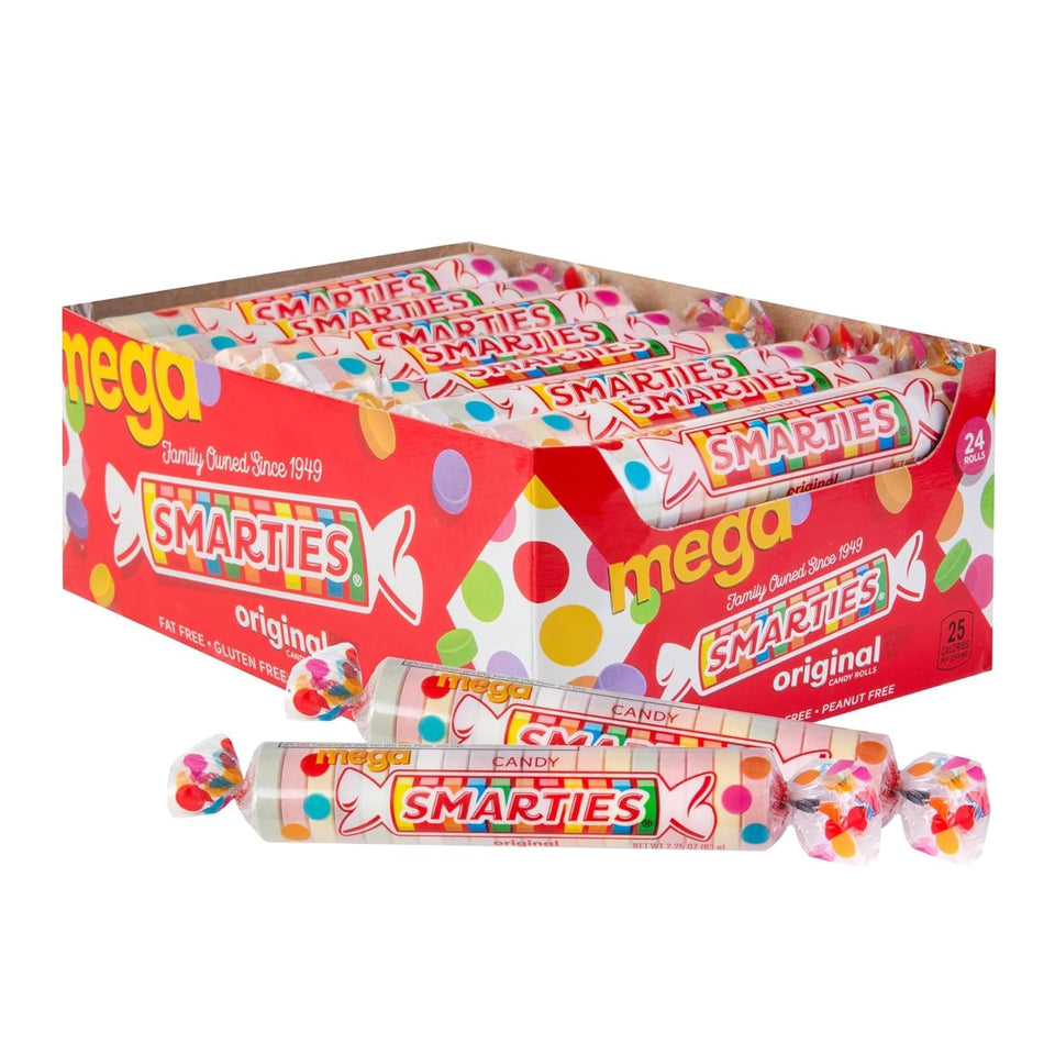Smarties Mega Rolls packaging displays vibrant wafers in a sturdy box for quick party prep