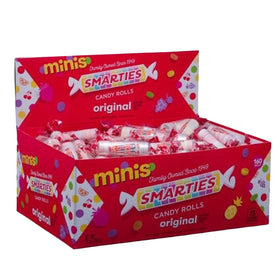 Smarties Candy Mini Rolls bulk box front showcases iconic packaging for bulk gifting