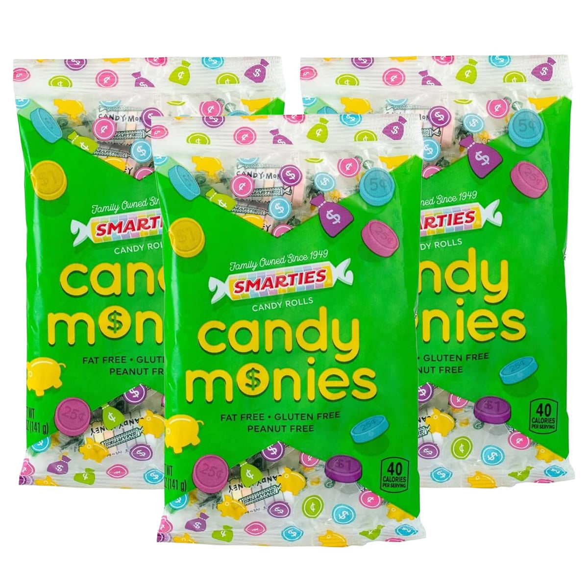 Smarties Monies 3-pack on shelf, colorful candy rolls for sharing.