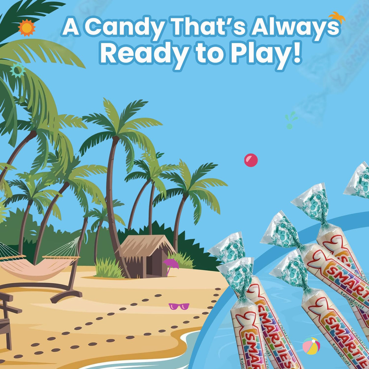 Party display featuring Smarties Tropical Candy Rolls as colorful favors.