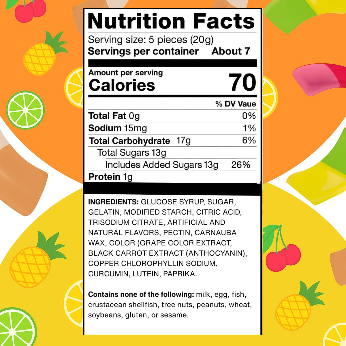 Smarties Squashies allergen-free label highlights gluten-free and peanut-free candy