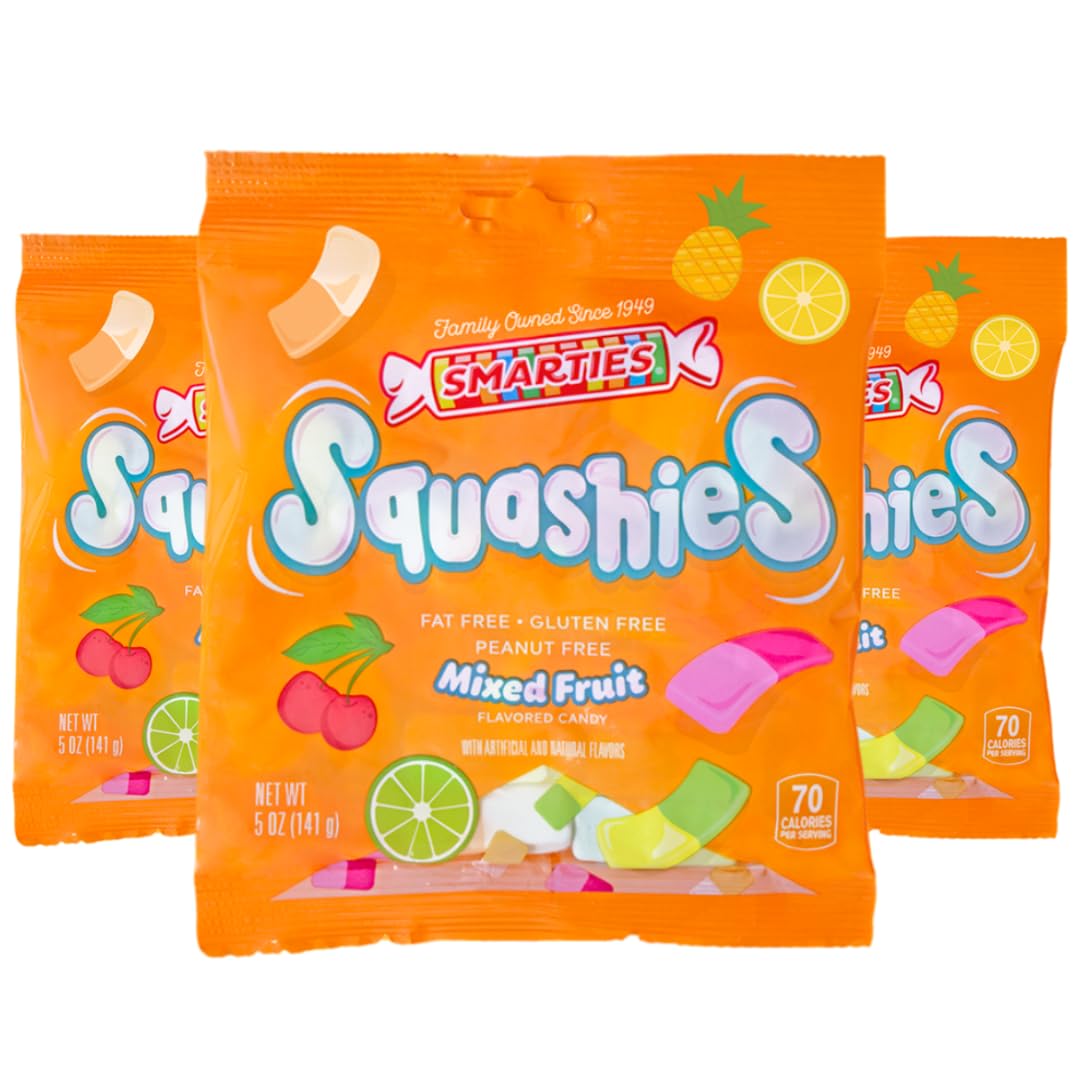Smarties Squashies mixed fruit flavors shown in a pack, ideal for snacking