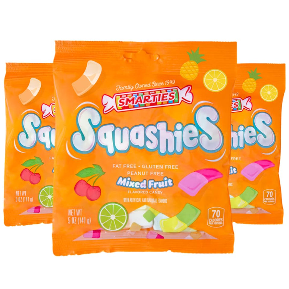 Smarties Squashies mixed fruit flavors shown in a pack, ideal for snacking