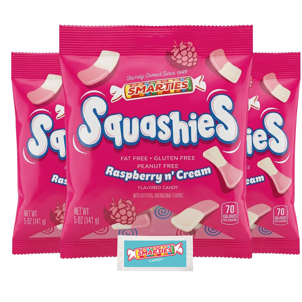 Smarties Squashies Raspberry and Cream front-pack shows a gluten-free candy for celebrations.