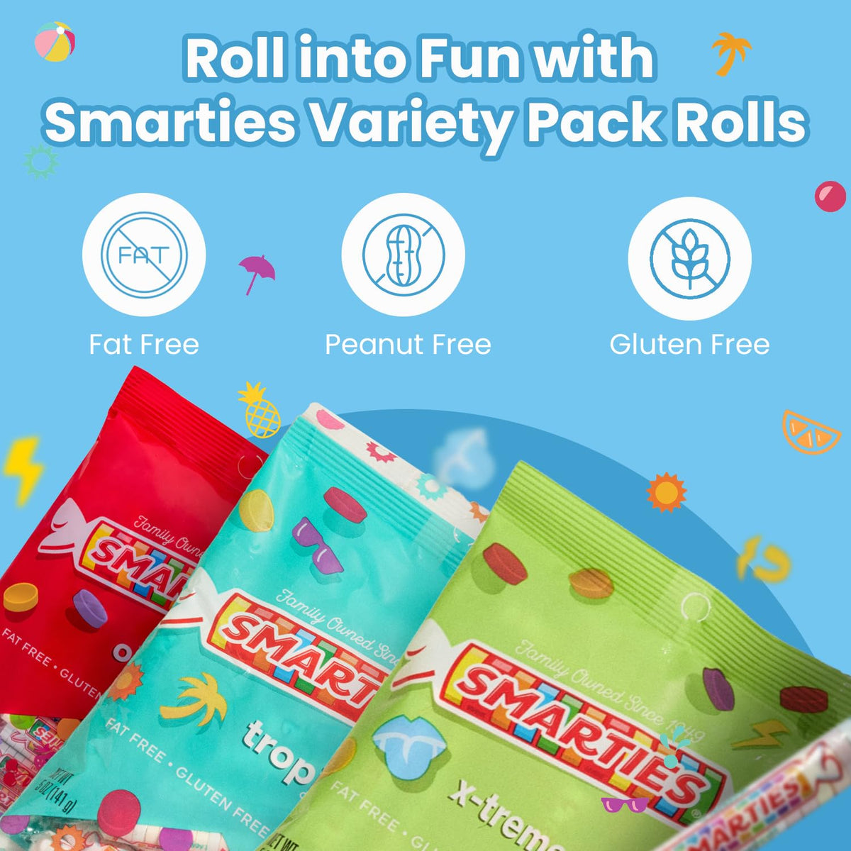 Smarties Triple Pack Tropical Delights, vibrant flavors for tropical-themed gatherings.