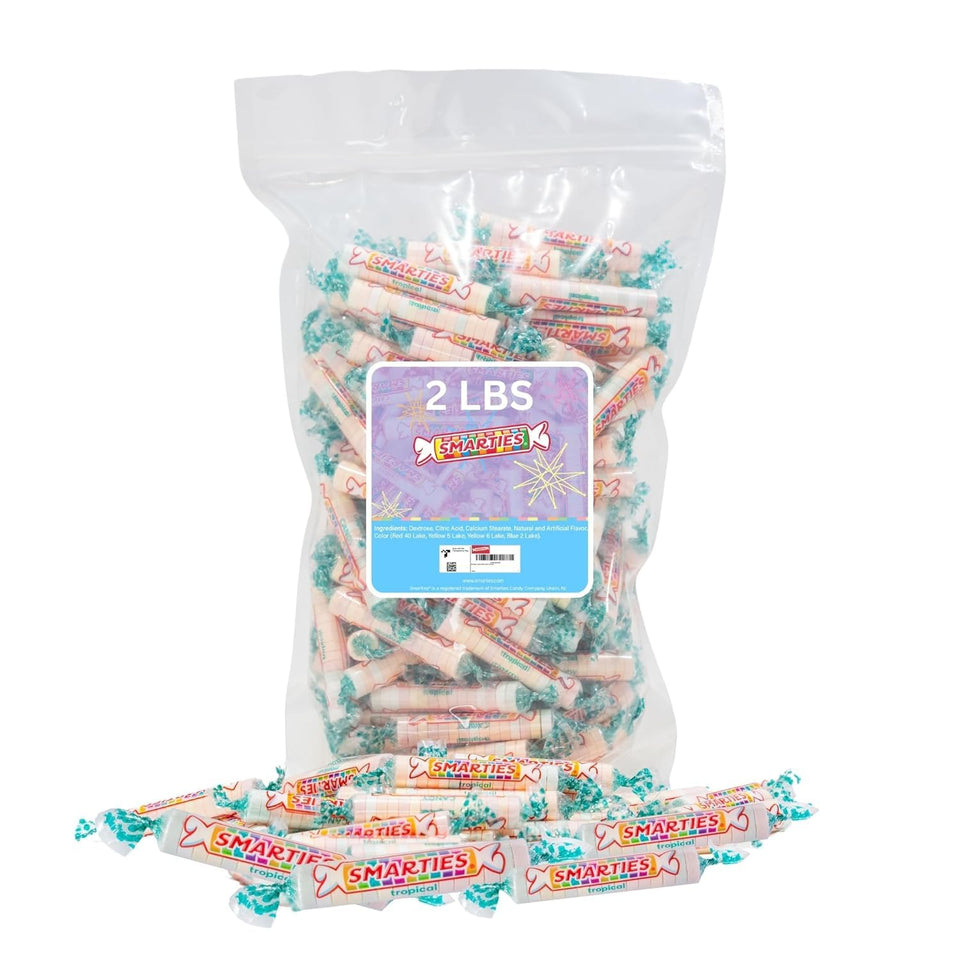 Smarties Tropical Candy Rolls packaging in a 2 lb bag, ideal for celebrations.