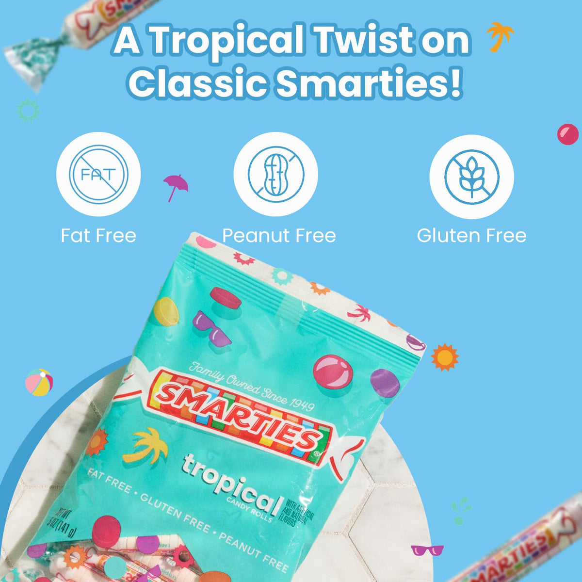 Close-up of Smarties tropical hard candy showing crisp texture and tangy notes.