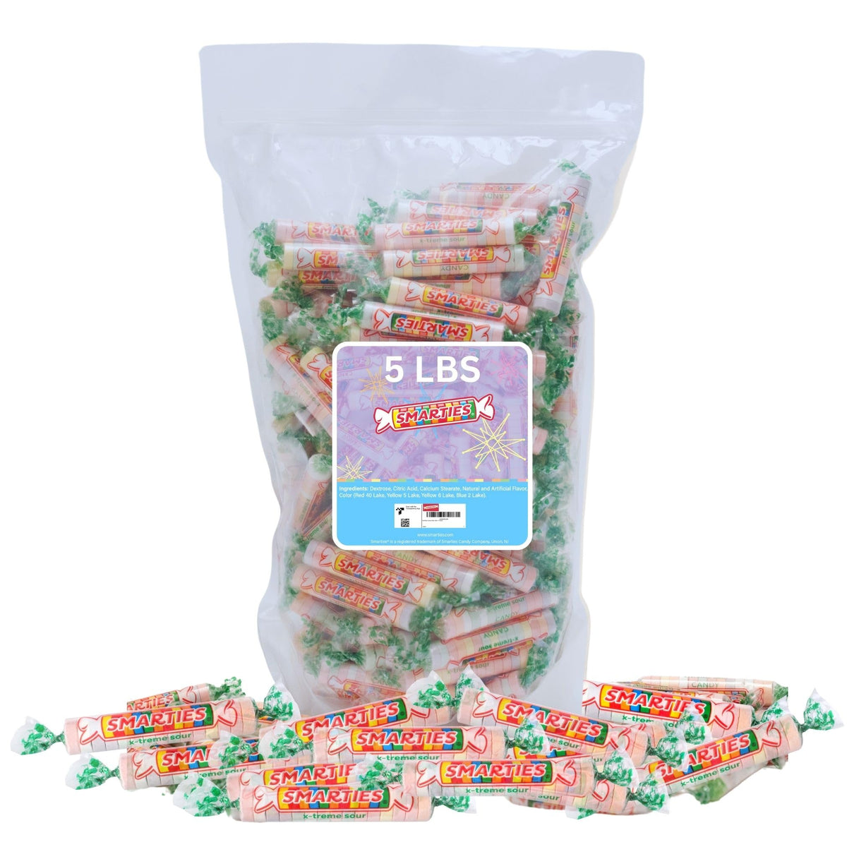 Smarties X-Treme Sour Candies bag front shows bold tangy flavors for party snacking.