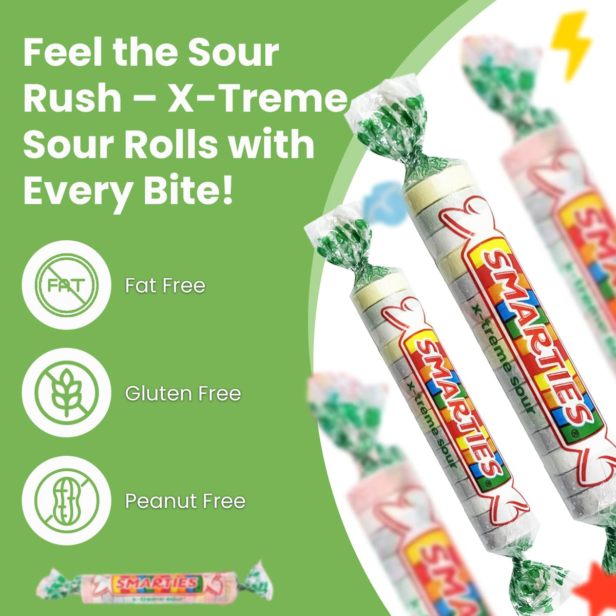 Smarties X-treme Sour Candies individually wrapped packaging close-up for party favors