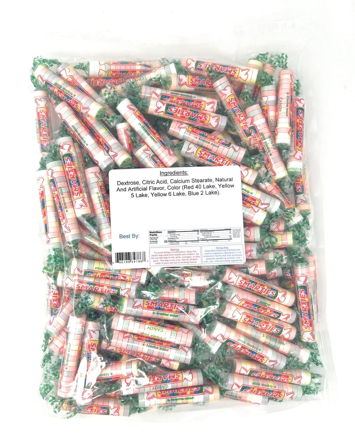 Smarties Xtreme Sour Candy closeup with bright colors and sour coating for snacking