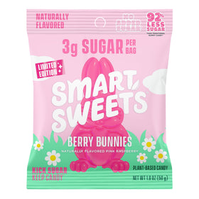 SmartSweets Berry Bunnies in an Easter basket showcasing a low-sugar, plant-based treat.