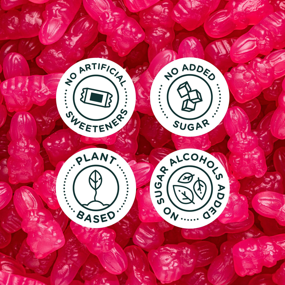 Close-up of SmartSweets Berry Bunnies gummies with vibrant natural colors from fruit and veggie juices.