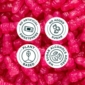 Close-up of SmartSweets Berry Bunnies gummies with vibrant natural colors from fruit and veggie juices.