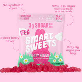 Pack shot of SmartSweets Berry Bunnies showing a 14-pack bundle for sharing.