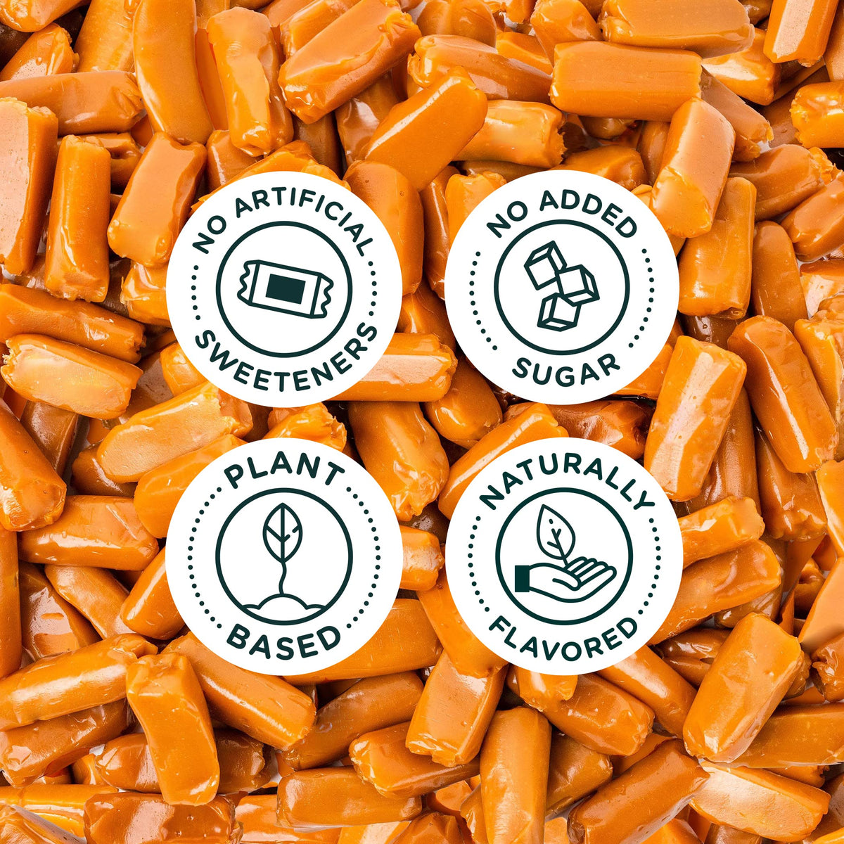 SmartSweets Caramel Candies ingredients-glassbowls close-up featuring allulose and stevia