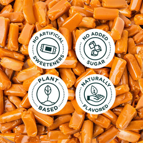 SmartSweets Caramel Candies ingredients-glassbowls close-up featuring allulose and stevia