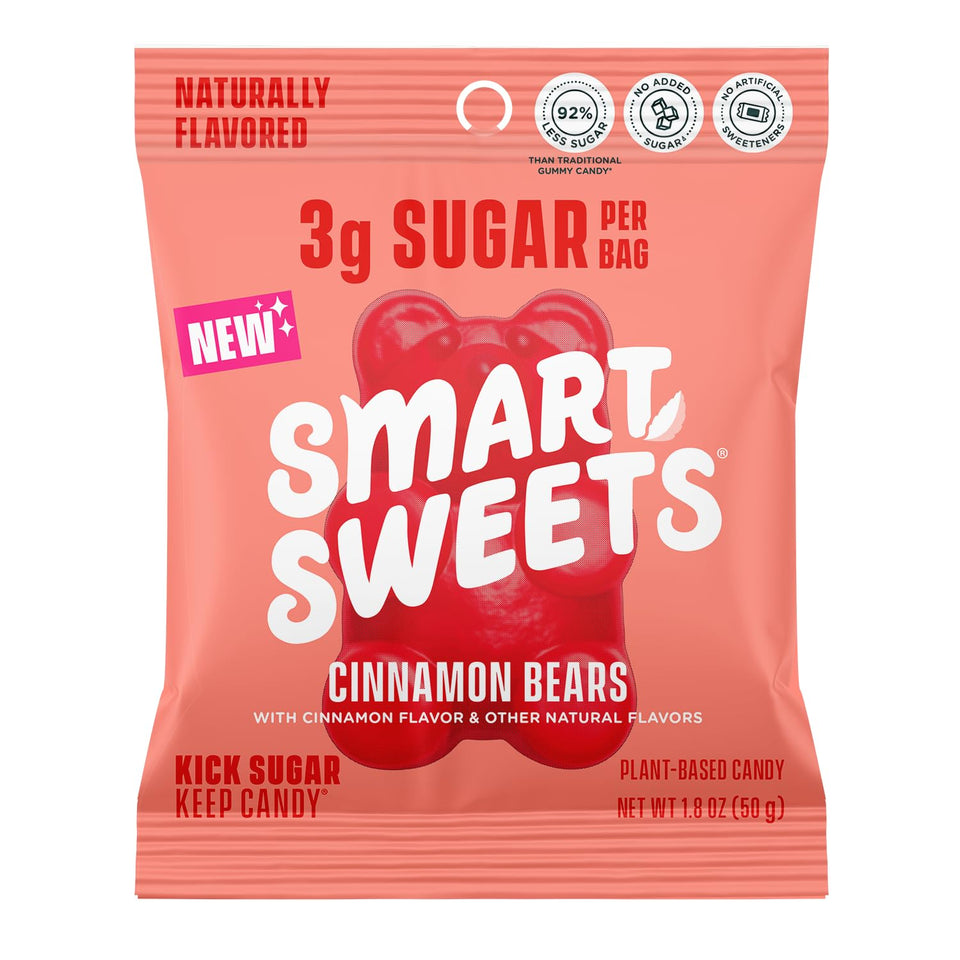 SmartSweets Cinnamon Bears 14-pack front view showing bold, low-sugar gummy snacks
