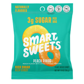 SmartSweets Peach Rings open bag, convenient single-serve on-the-go snack.