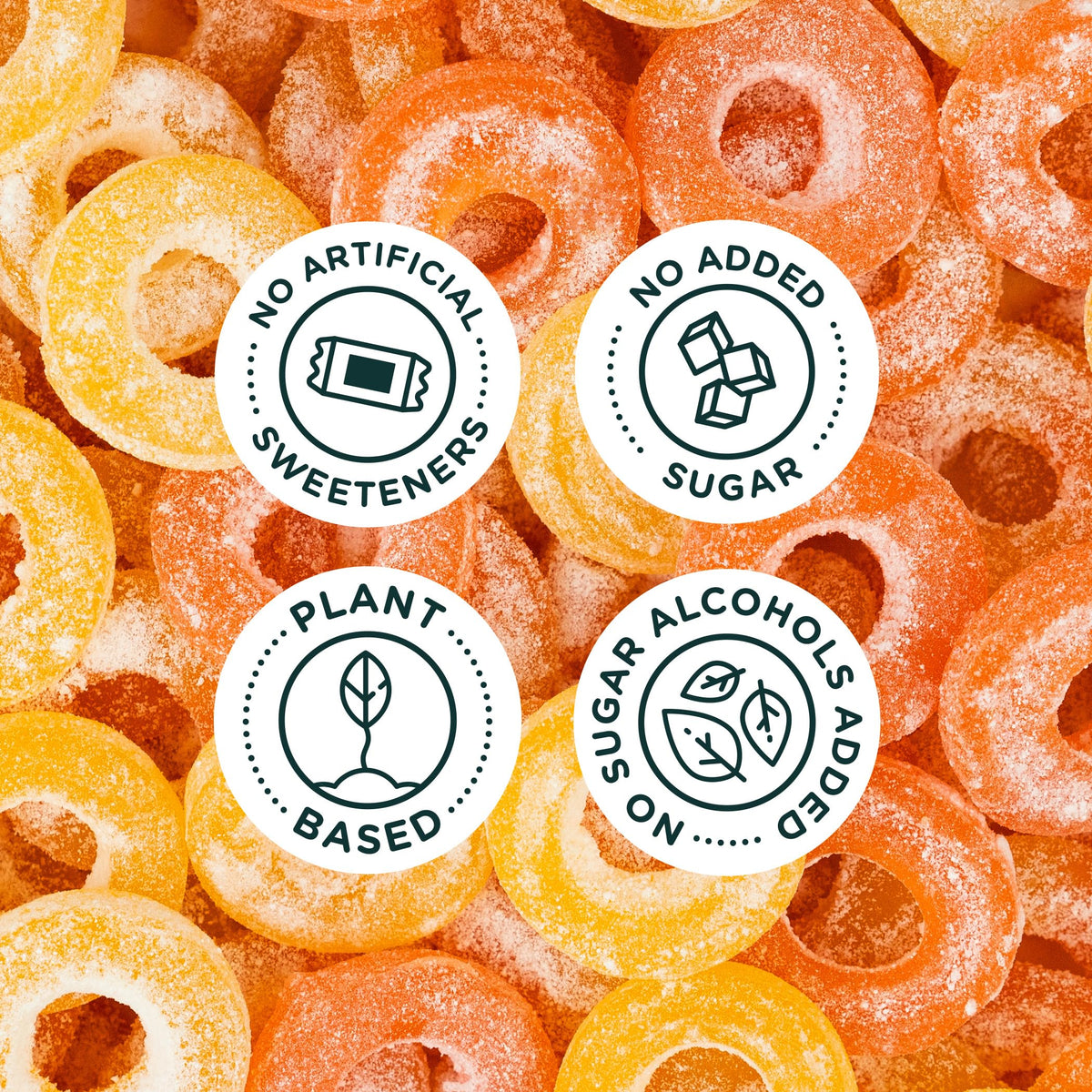 SmartSweets Peach Rings close-up, juicy peach flavor in a chewy bite.