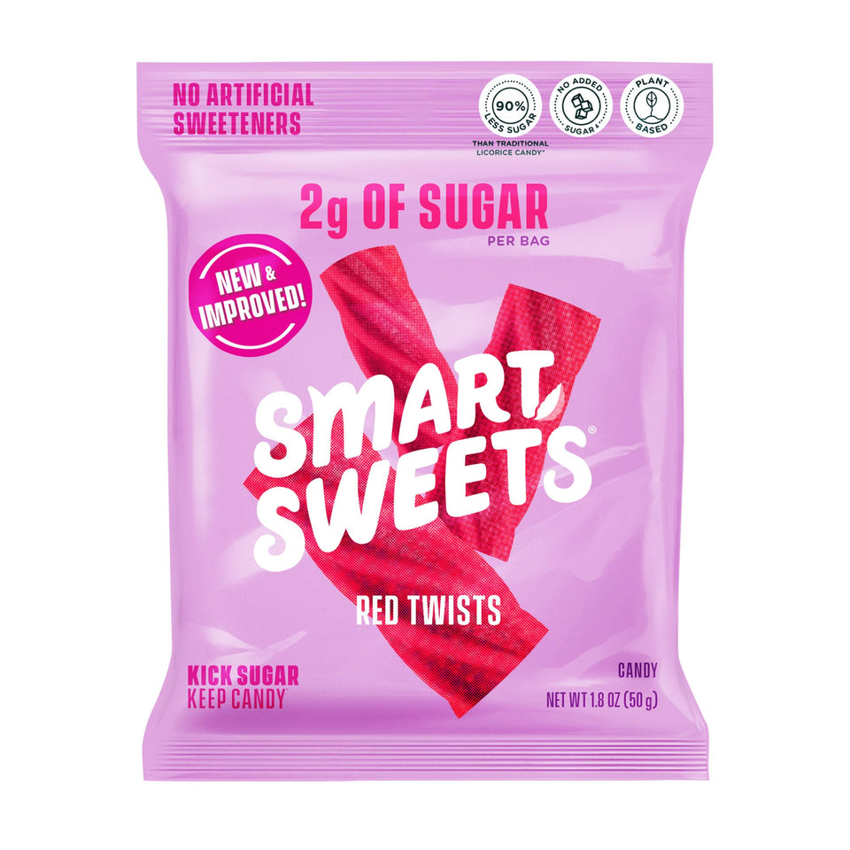 SmartSweets Red Twists bag front showing low-sugar berry licorice snack.