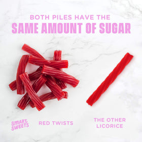 Plant-based sweetness badge on Red Twists emphasizes stevia use.
