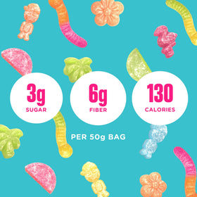 Assorted bags of SmartSweets gummies arranged for lunchboxes, low-sugar treat.