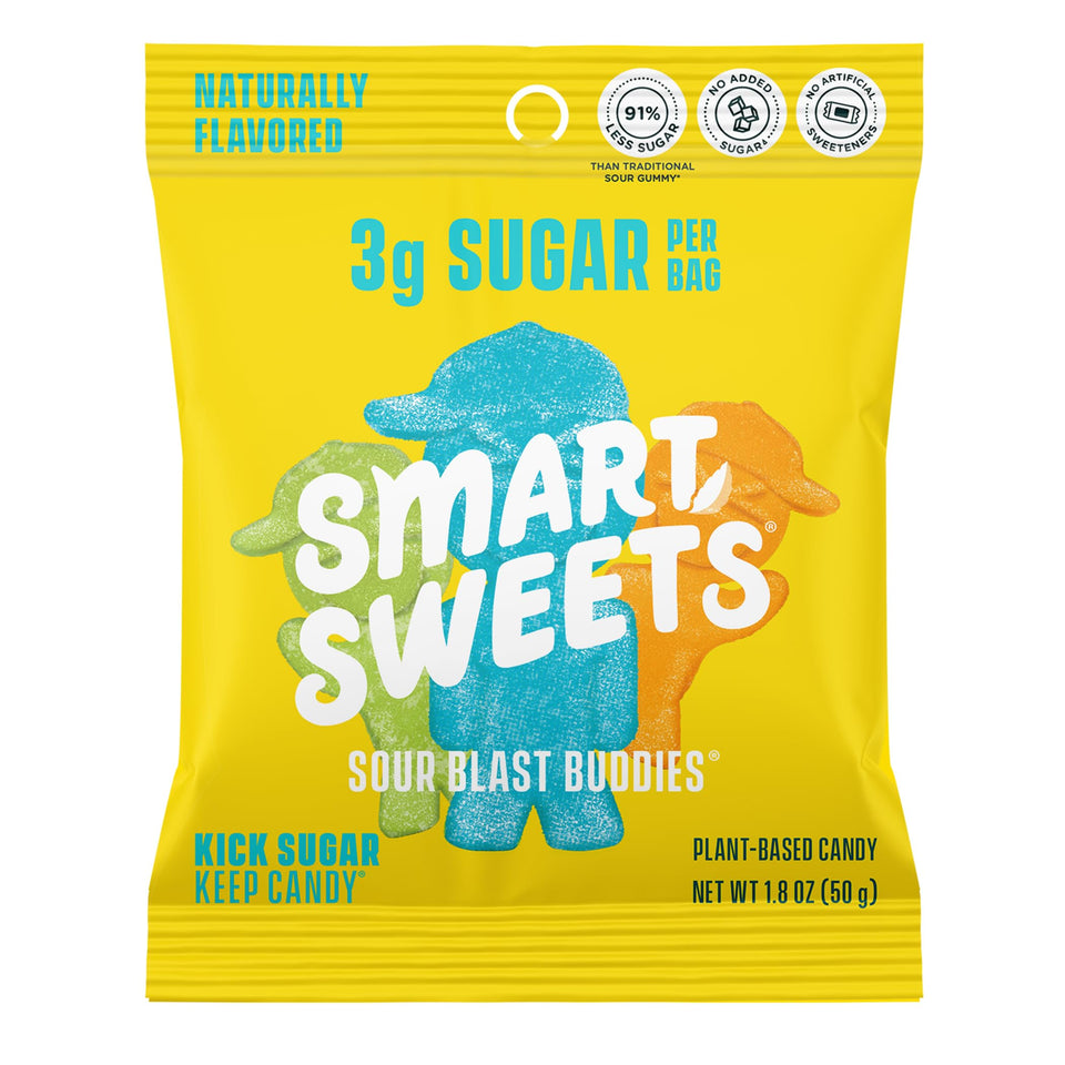 SmartSweets Sour Blast Buddies bag close-up showing bright colors for on-the-go snacking
