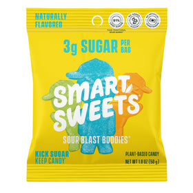 SmartSweets Sour Blast Buddies front of bag with bright candy for a quick tangy snack