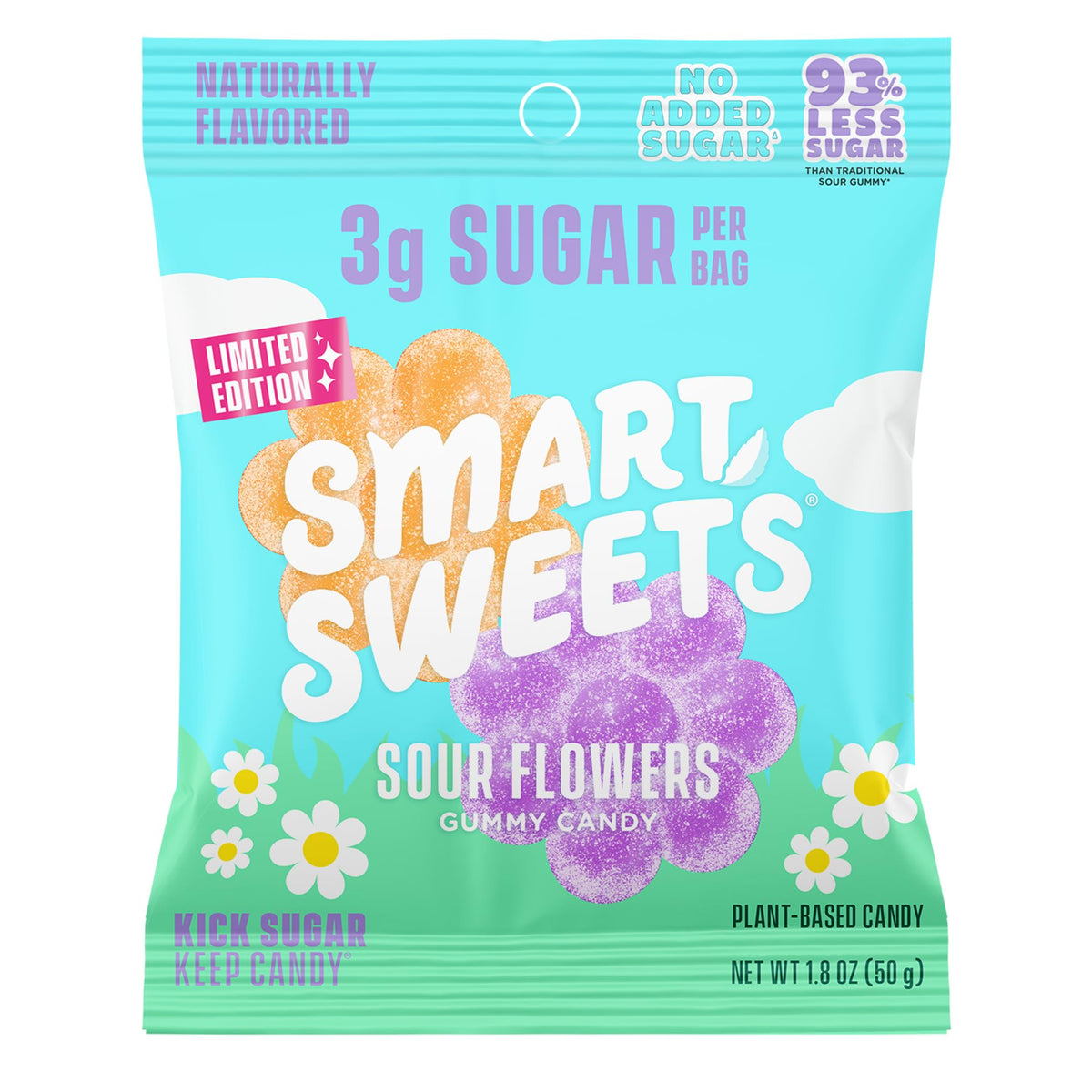 SmartSweets Sour Flowers bag with tangy fruit flavors and 3g sugar per serving