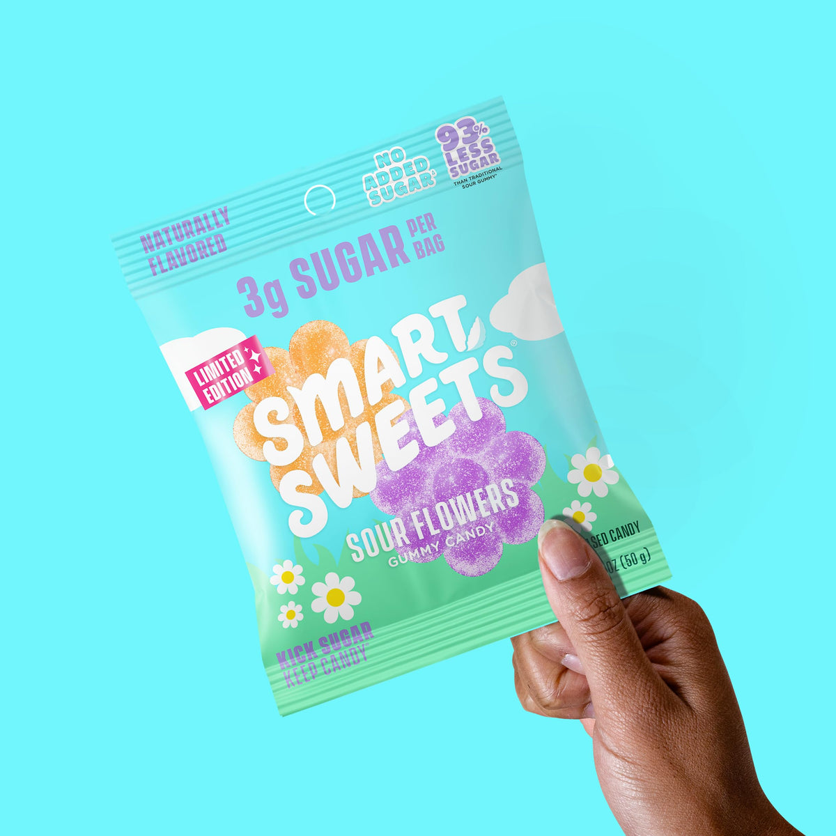 SmartSweets Sour Flowers packaging shows single-serve bags for on-the-go treats