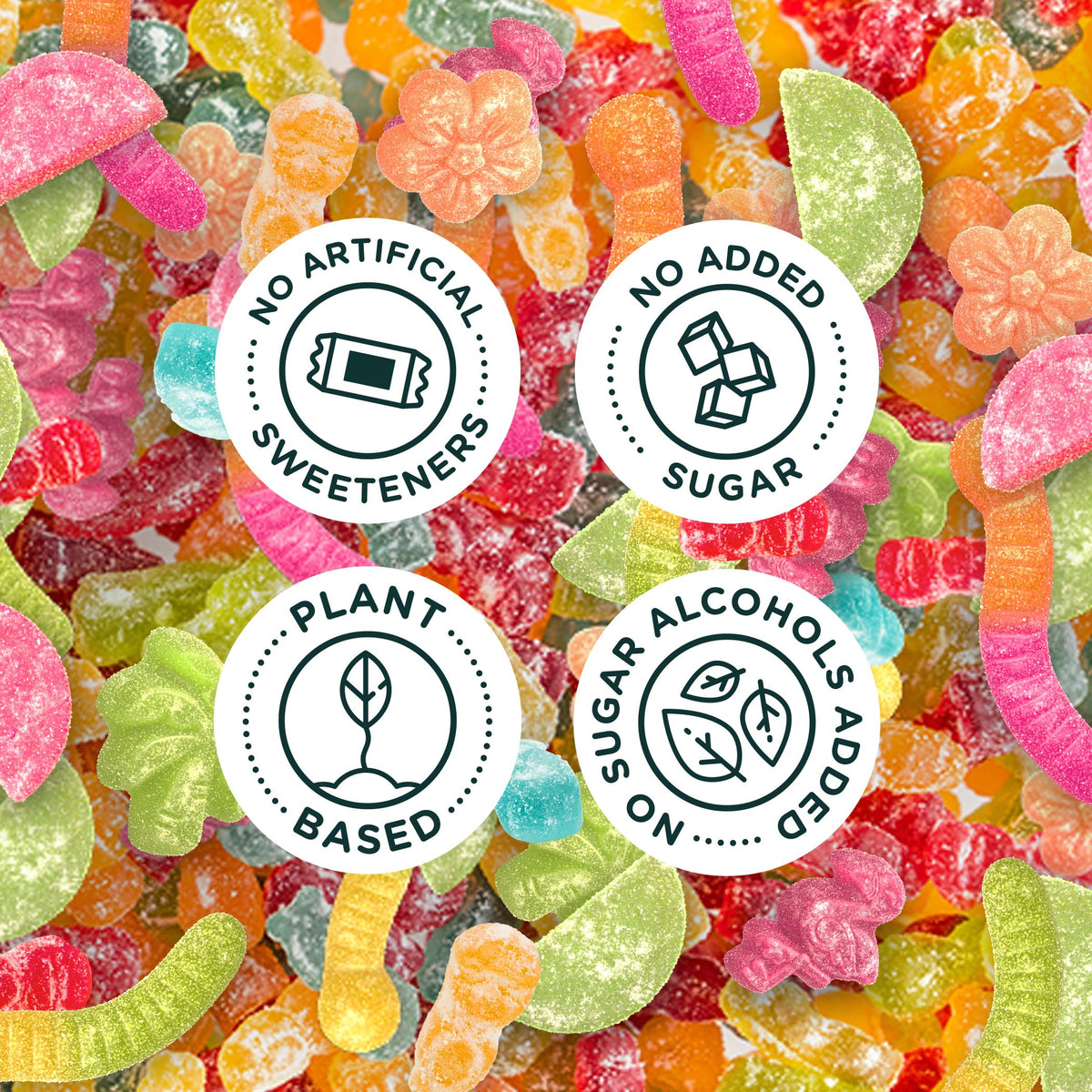 Close-up of tangy SmartSweets gummies showing vibrant colors and chewy texture.