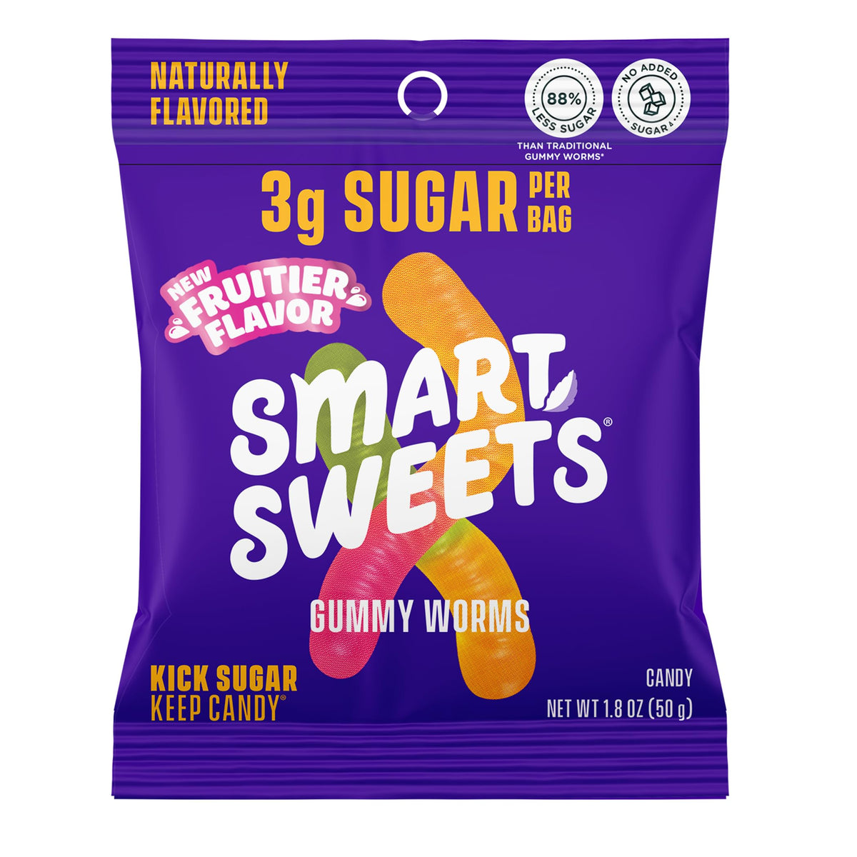 SmartSweets Sour Gummy Worms pack shows vibrant shapes with a lower sugar treat