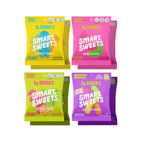 SmartSweets Sour Variety Pack box on display, four flavors, gluten-free snack option.