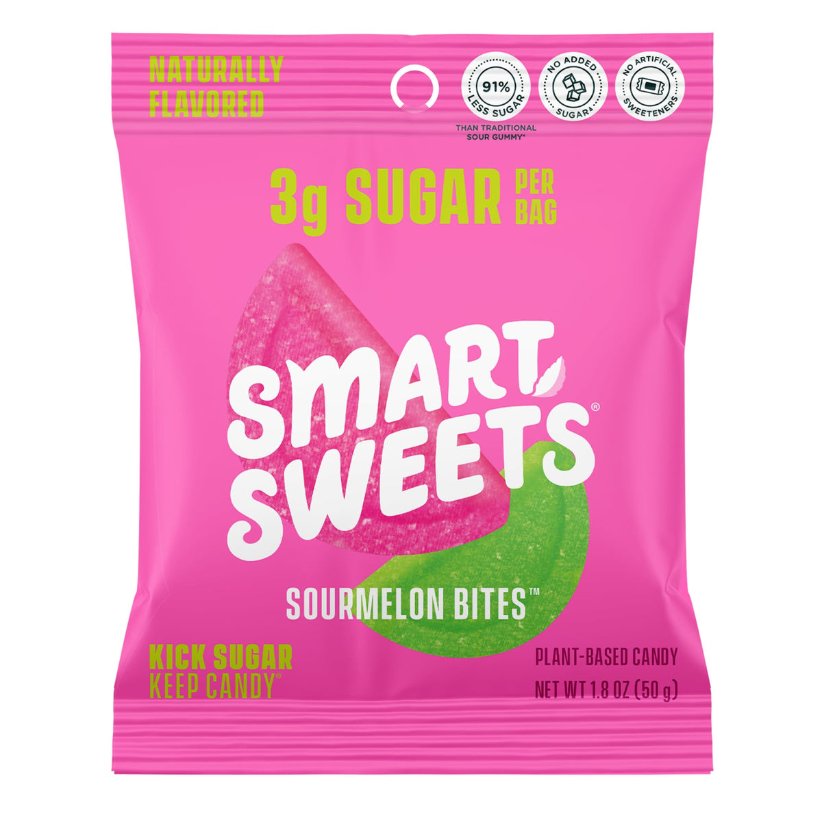 SmartSweets Sourmelon Bites outer coating delivers a bold watermelon kick, great for snacking.