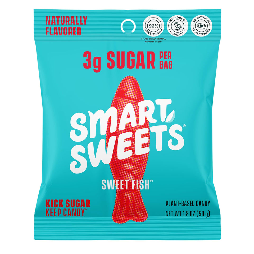 SmartSweets Sweet Fish gummies in pink fish shapes, a low sugar indulgence