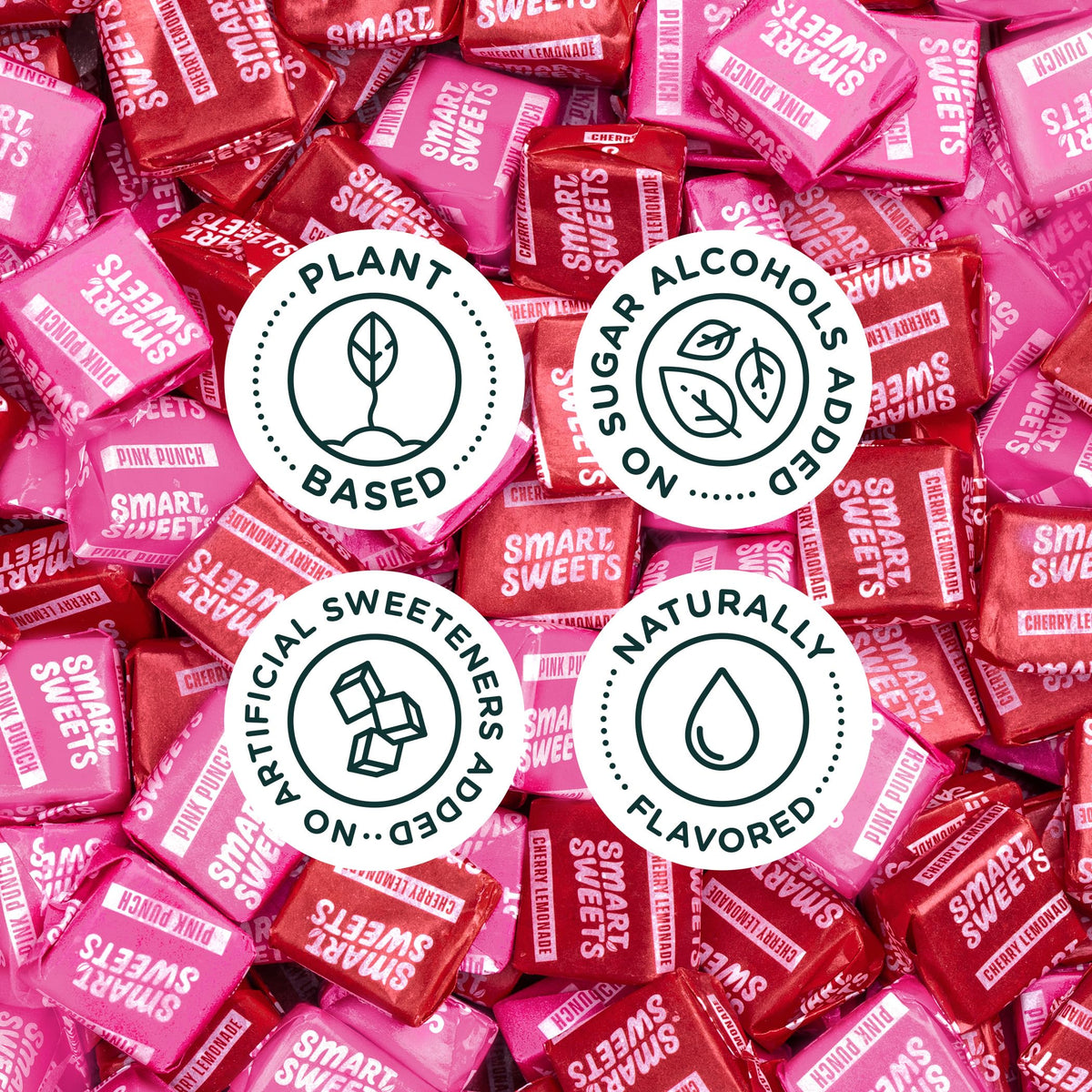 SmartSweets SweetChews bags closeup showing fruity flavors and packaging.